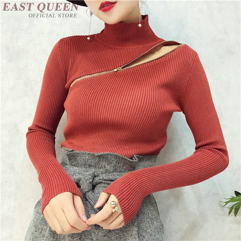 

Sexy women zipper open chest sweater clothing turtleneck full sleeve pullovers slim bodycon tops jumpers DD455 F