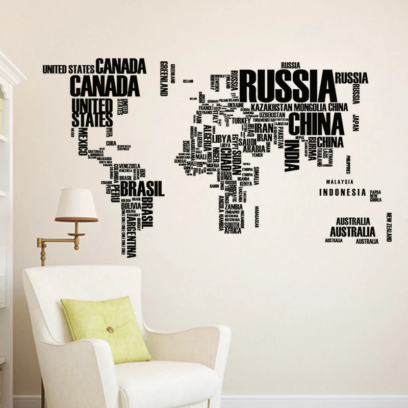 Black English Country Name World Map Wall Sticker For Office Classroom Study Room Livingroom Home Decoration Pvc Mural Art Decal