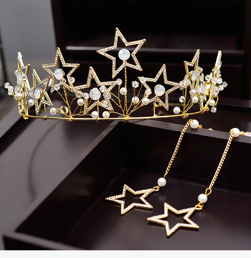 Himstory Hot Vintage Baroque Brides Stars Tiara Crowns with Long Earring  Pearls Hairbands Wedding Hair Accessories