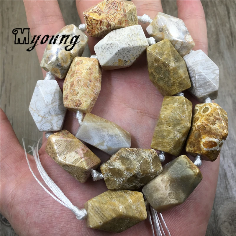 Faceted Beige Chrysanthemum Stone Nugget Pendant Beads,Ocean Coral Jades Fossils Agates Charms Beads For DIY Jewelry MY1979