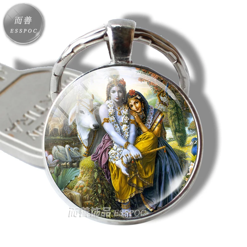 Krishna and Radha Glass Cabochon Pendant Metal Key Chains Yoga Fashion Jewelry Charm Pendant for Men Women Amulet Jewelry