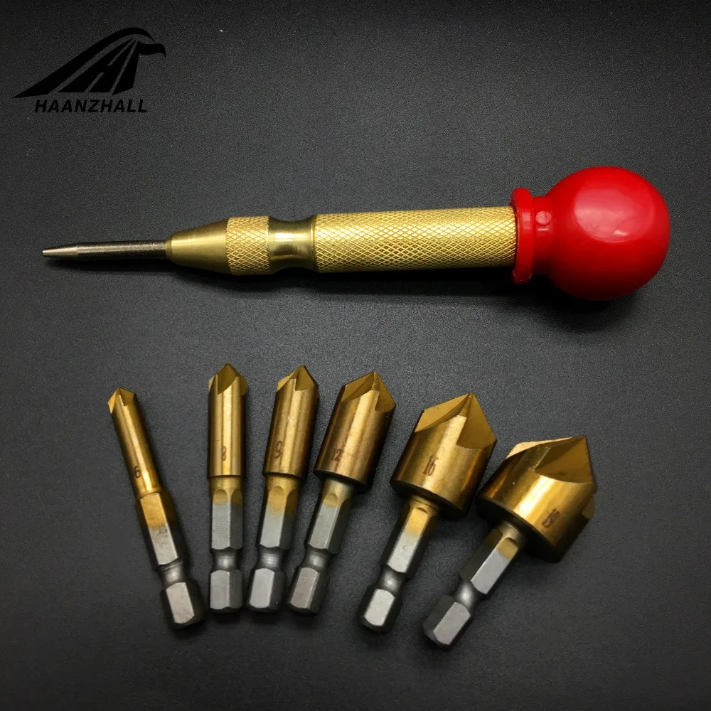 1set 7pc 6-19mm Hex Handle Five Edge Chamfer Of Titanium Coating Knife Bore Hole Chamfering Machine Woodworking Countersink Bit