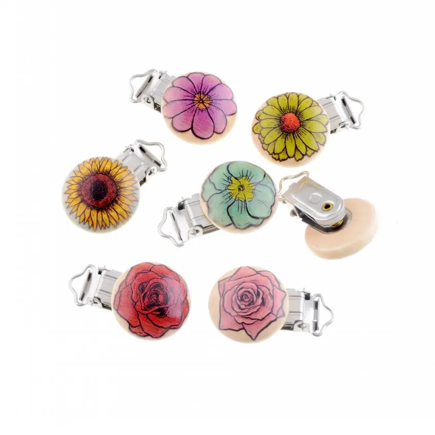 

5PCs Baby Pacifier Clips Flower Wood Metal Holders Cute Infant Soother Clasps Funny Accessories 4.8x2.9cm F2014