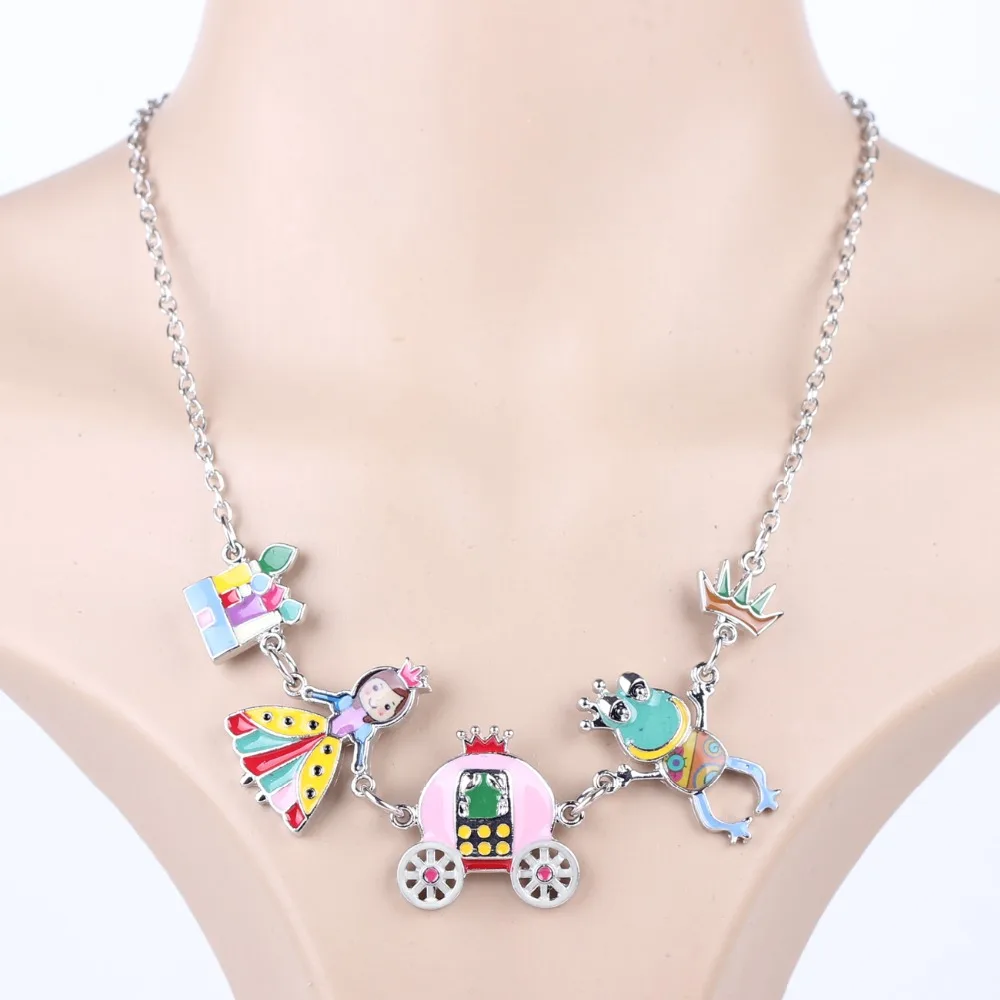 Bonsny Statement Enamel Necklace Angel Frog House Crown AlloyLong Collar Chain Pendant New Jewelry For Women Accessories Jewelry