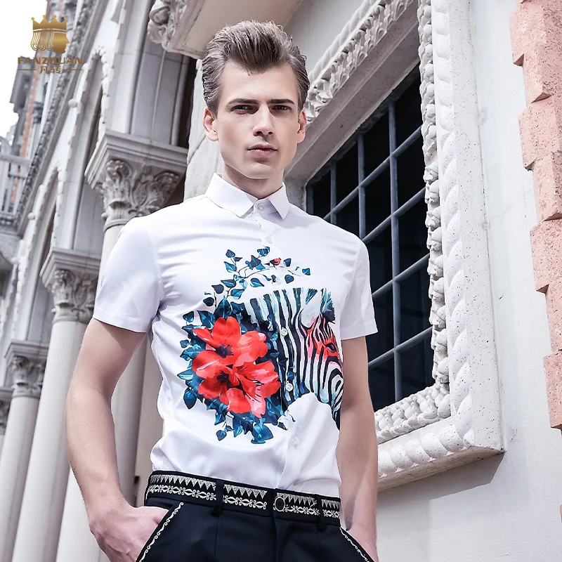 

fanzhuan Free shipping 2021 New male Summer Men's casual fashion slim color zebra Floral White Short Sleeved Shirt blouse 612055