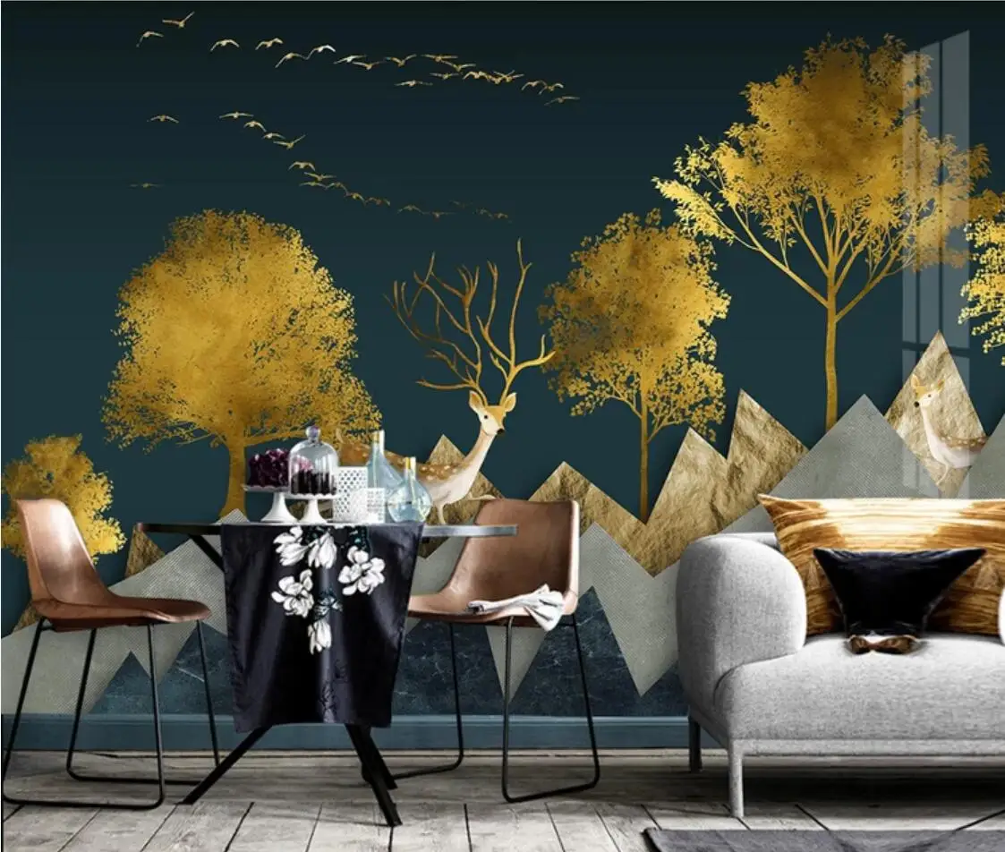

Abstract Geometric Gold Forest Wallpaper Mural Luxury Canvas Waterproof ELK Deer Dark Background Contact Paper Rolls Custom