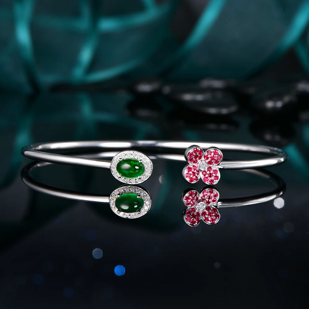 Caimao Jewelry 0.68ctw Oval Natural Emerald & 0.18ct Ruby 0.11ct Pave Diamond 18K White Gold Gemstone Bracelet