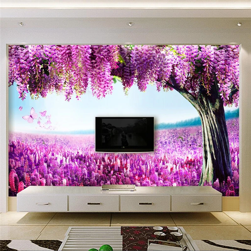 beibehang Custom Photo Wallpaper Mural Wall Sticker Modern Fashion Romantic Lavender Wisteria TV Background Wall papel de parede