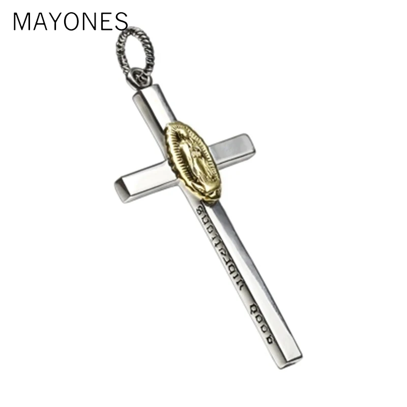 

MAYONES Cross Pendant with Virgin Mary Pendant Solid 925 Sterling Silver Necklace for Unisex Vintage Jewelry