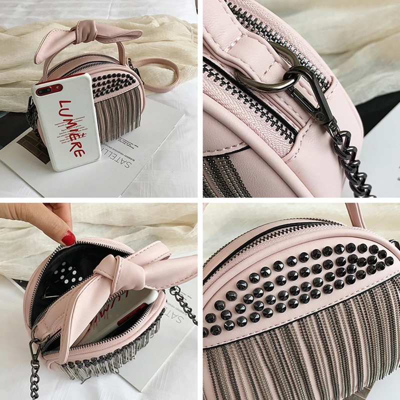 JIEROTYX Rivet Women Handbag Leather Should Bag Lovely Tassel Chained Girls Shoulder Bags Fashion Leisure Handbags For Wonen