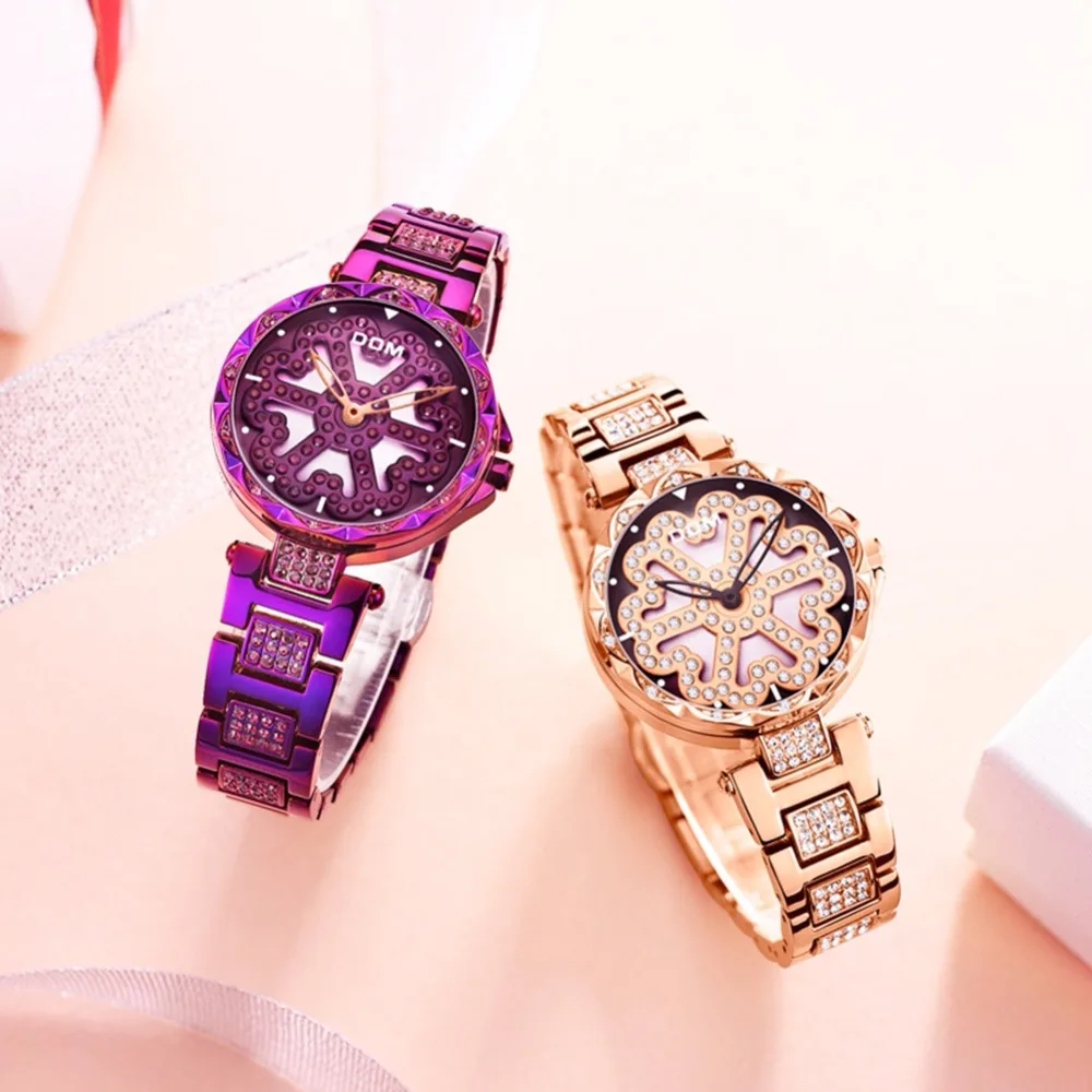 DOM Brand Luxury Women Quartz Watches Diamond Fashion Casual Female Wristwatch Waterproof Purple Watch Reloj Mujer G-1258GK-6MX