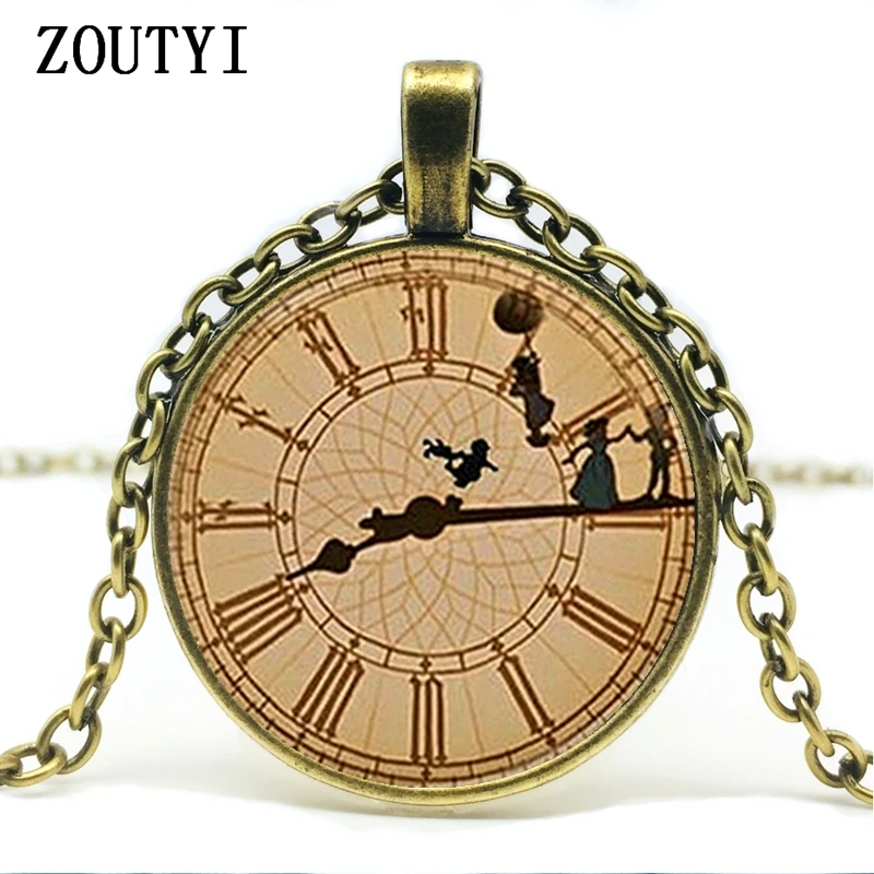 Peter Pan Negro inspirado en el reloj, collar con colgante de cristal, joyería de Peter Pan Big Ben, gran oferta, 2018