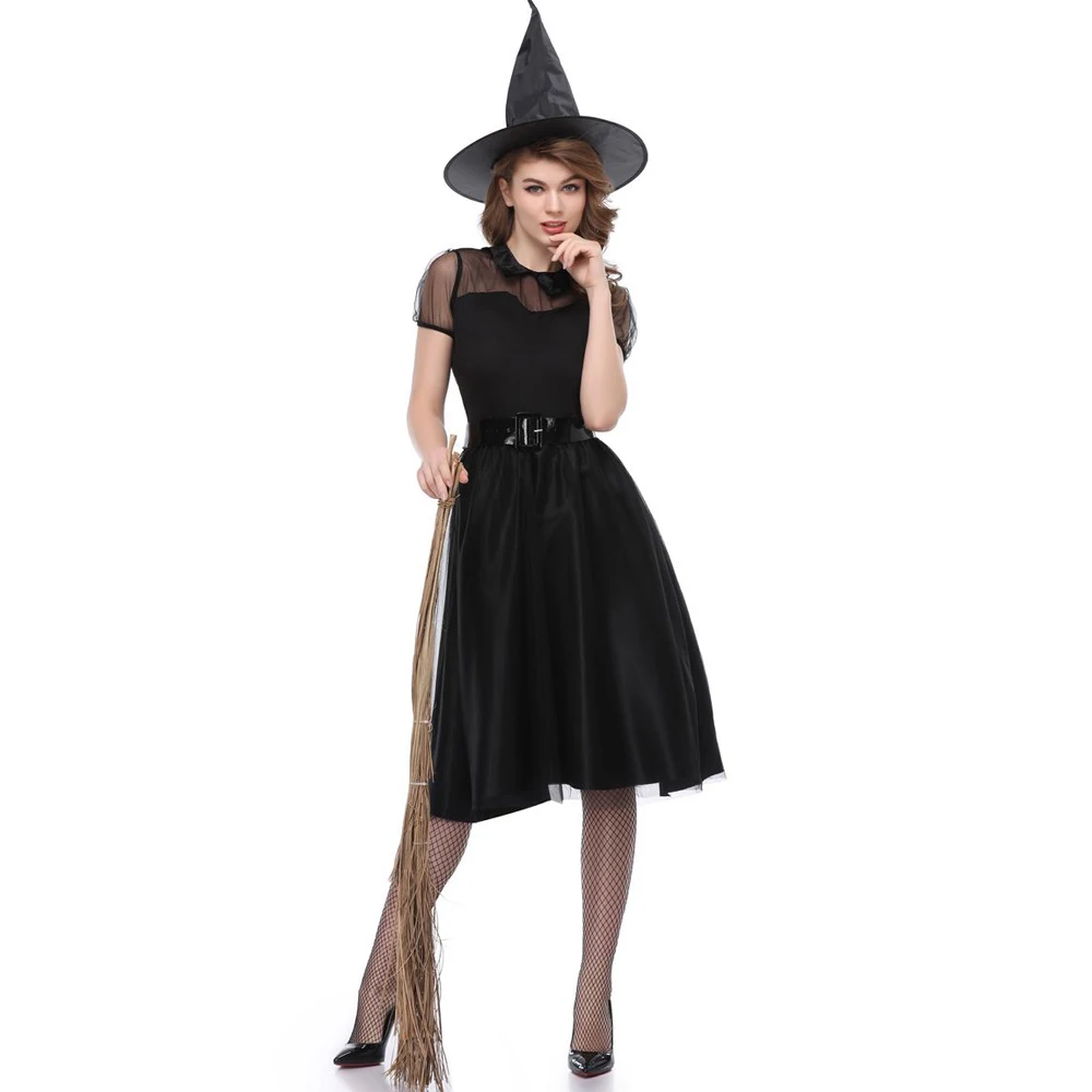 

Black Gothic Witch Costume For Adult Women Purim Halloween Cosplay Party Wizards Fancy Dress