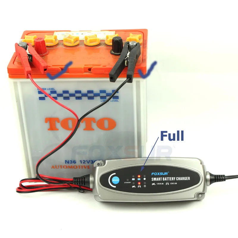 FOXSUR 12V 3.6A or 12V/0.8A Car & Motorcycle Battery Charger, Lead Acid Battery Charger AC input 100-240V EU US UK AU plug