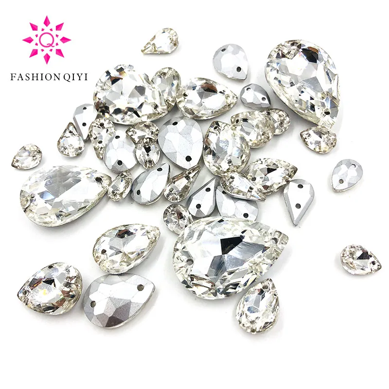 

Mixed size white water drop glass crystal pointback sew on rhinestones with double hole DIY dress wedding jewelry accessories