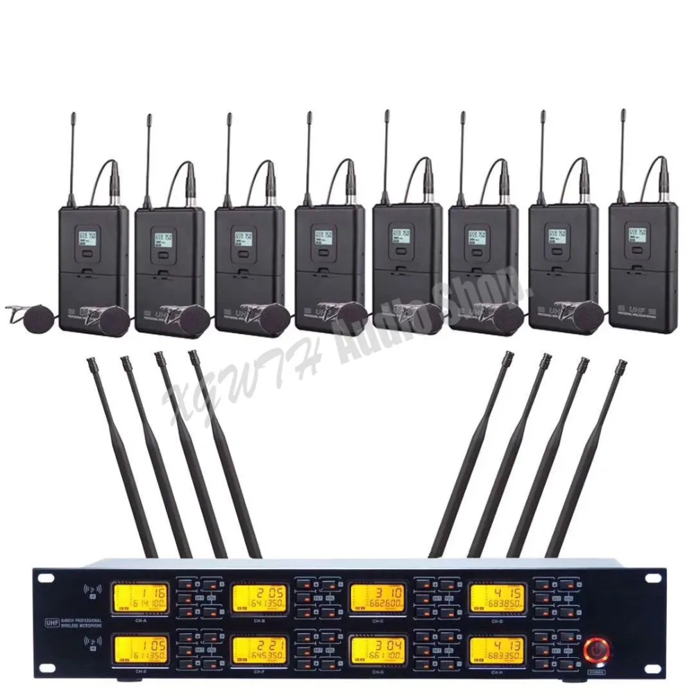 UHF Wireless Microphone System 8 Lavalier Lapel Collar Clip-on  Mic 1 Wireless Receiver Cable LCD Display For Karaoke