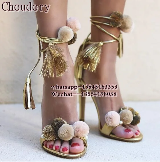 hot selling women multi color pom pom sandals thin high heel fringe lace up cover heel sandals open toe fashion party footwear