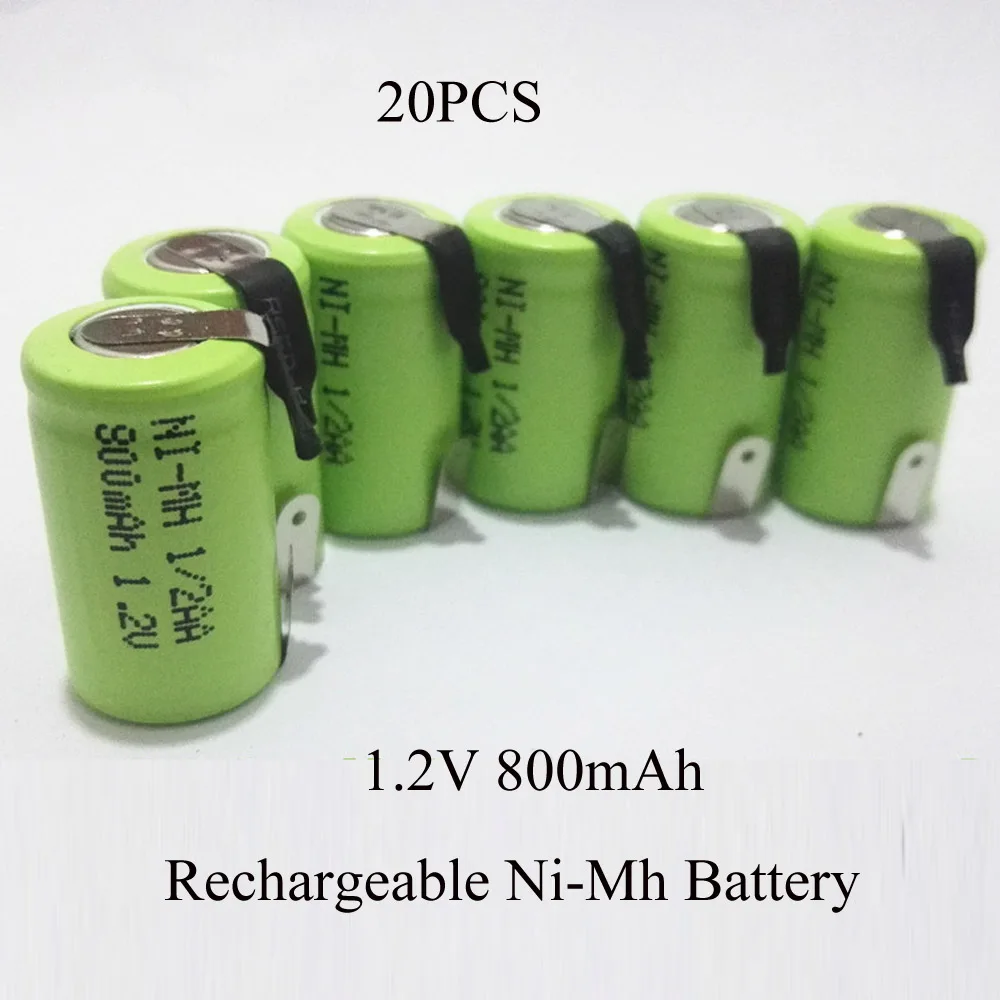 SORAVESS 20PCS 1/2AA 1.2VNiMh Rechargeable Battery 800mAH Ni-Mh Ni Mh Batteries With Welding Tab Pins For DIY Electric Shaver