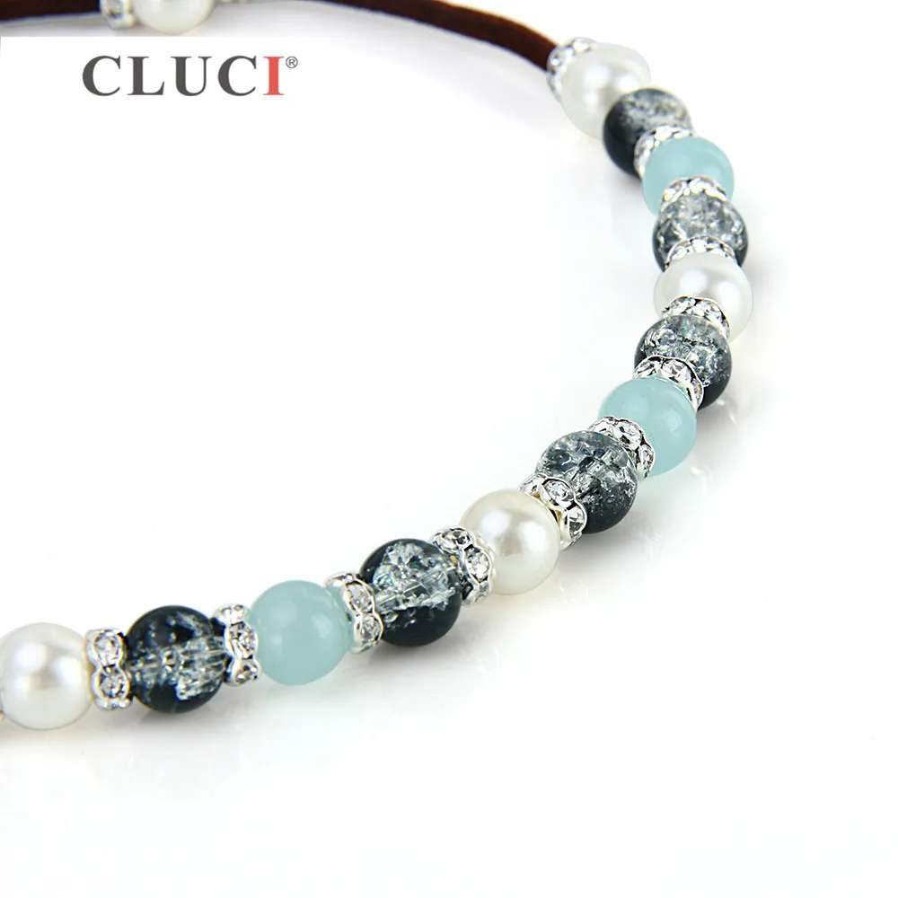 CLUCI 3pcs New Disign Luxury Crystal Collar Necklace Jade and zircons Choker For Women Wedding Jewelry Black/Brown Rope BN018SB