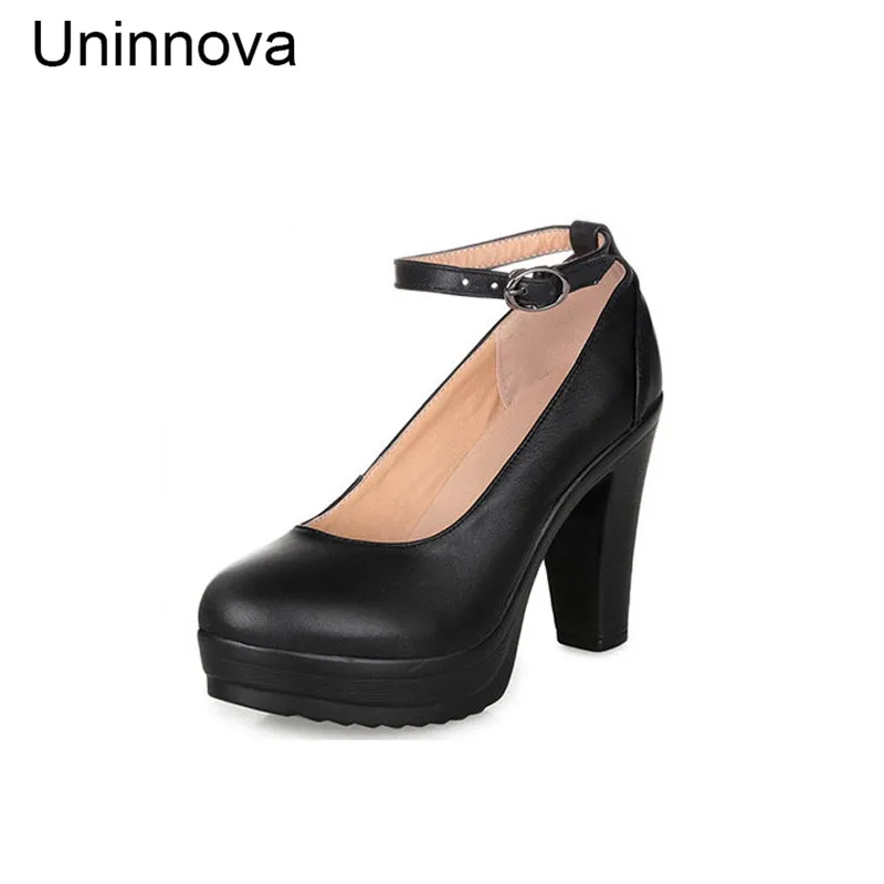 

Uninnova New Women's Platform Genuine Leather Shoes High Heels Ankle Mary Janes Shallow Office Lady Court Shoes WP033