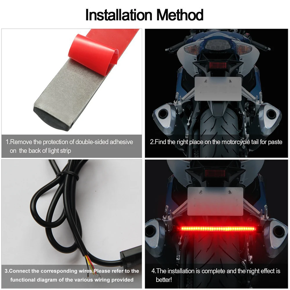 CO LIGHT Flexible Universal 48 LED Brake Tail Stop Light Led Strip Motorcycle Led Turn Signal License Plate Strip Red/Amber 12V