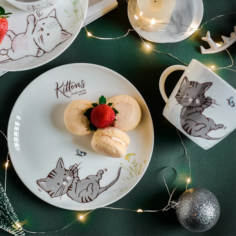 8 Inch Cartoon Cat Dinner Plate Ceramic Dinner Dishes Afternoon Tea Dessert Plate Party Serving Plate Microwave Safe