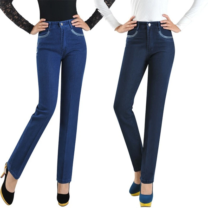 New Fashion Casual Jeans Middle-Aged Women High Waist Trousers Straight Pants Female Embroidery Elasticity Denim Pants
