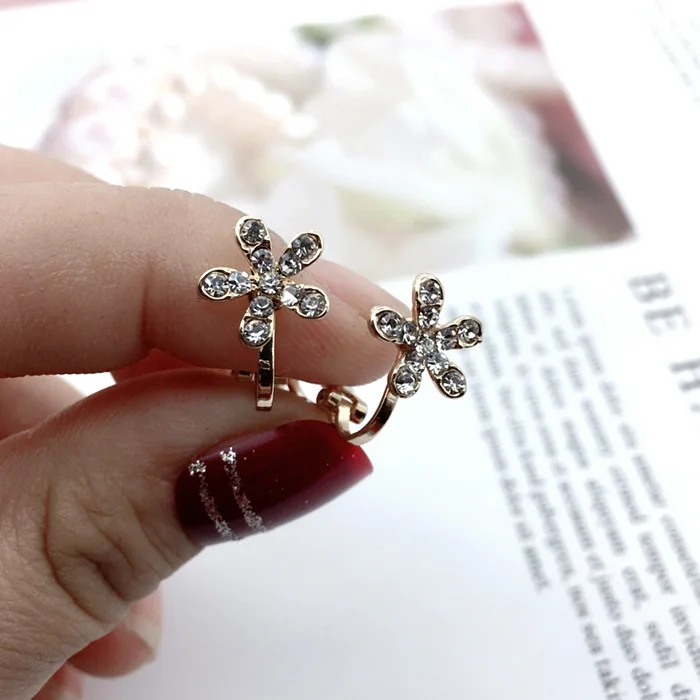 Grace Jun Cute Full Rhinestone Small Flower Clip on Earrings No Pierced for Kids Girls Hot Sale No Hole Earrings Wholesale Price