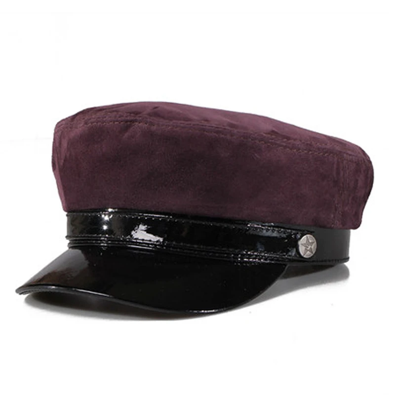 2023 Spring Genuine Leather Suede Sailing Hats For Men/Women Leisure Flat Navy Caps With Metal Belt Brown/Purple Soft Gorra