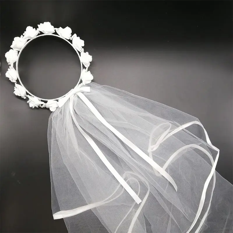 Women Bridal Veil White Flower Hair Wreath Wedding Headband Adjustable Lace Up Ribbon Bachelorette Party Accessory