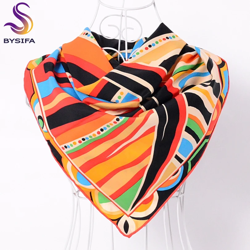 BYSIFA czarny pomarańczowy Twill kwadratowy szalik szal 90*90cm kobiety modne dodatki szaliki okłady jesienno-zimowa marka łańcuszek szalik peleryna