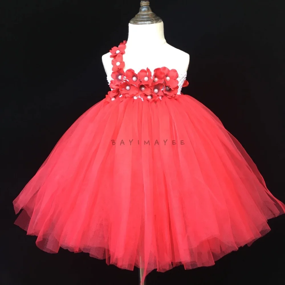 Vestido Rojo tutú para niñas, vestido de tul esponjoso de un solo hombro con diadema de flores de perlas, vestidos de fiesta de boda para niños