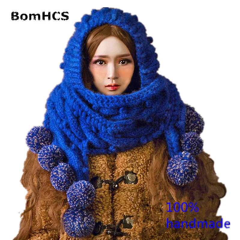 

BomHCS Cute Big Scarf Hat with 9 Pompoms Winter Warm Handmade Knitted Neckerchief Hat (without gloves)