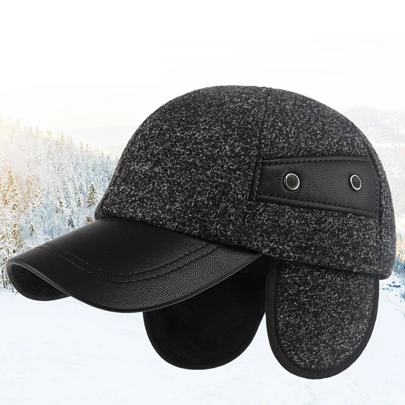 Kagenmo Hidden Ear Protection Male Winter Hat Thick Woolen Keep Warm Winter Cap Fit For Old Men Father New Year Gift