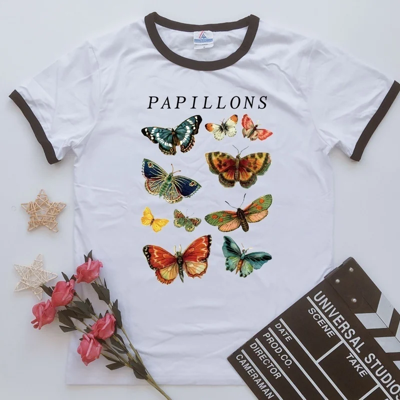 sunfiz YF Papillon Butterfly Flower Vintage Ringer T-shirt Women Tshirt Cotton Short Sleeve Graphic Tops Harajuku Summer T Shirt