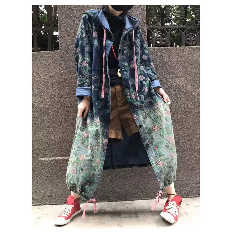 2023 New Harajuku Denim Trench Coat For Women Oversizes Jeans Outerwear Long Sleeve Single-breasted Retro Print Streetwear f924