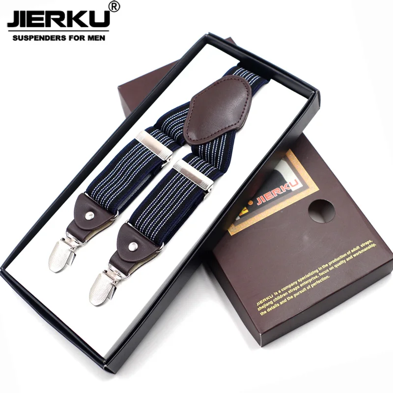 Jierkuサスペンダー男のブレースは革4クリップsuspensorioファッションズボンストラップ父/夫のギフトtirantes hombre JK4C08