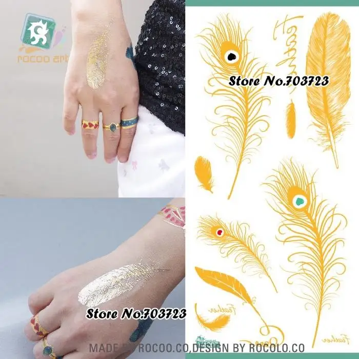 Temporary Metallic Flash Tattoo Sticker Gold Inspired Necklace Bracelet Feather V4007