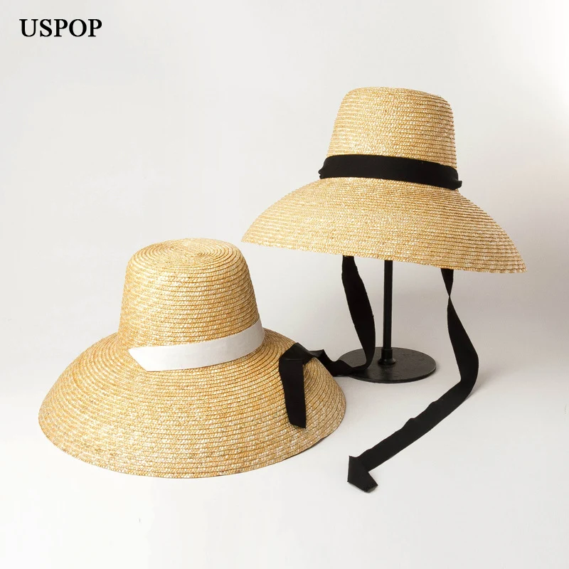 USPOP 2020 New summer hats for women natural wheat straw hats high flat top long ribbon lace-up sun hats wide brim beach hats