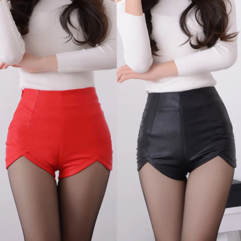 2021 New Fashion Summer Women\'s Sexy Black Red PU High Waist Shorts Vintage Slim Slit High quality size S-2XL Leather Shorts