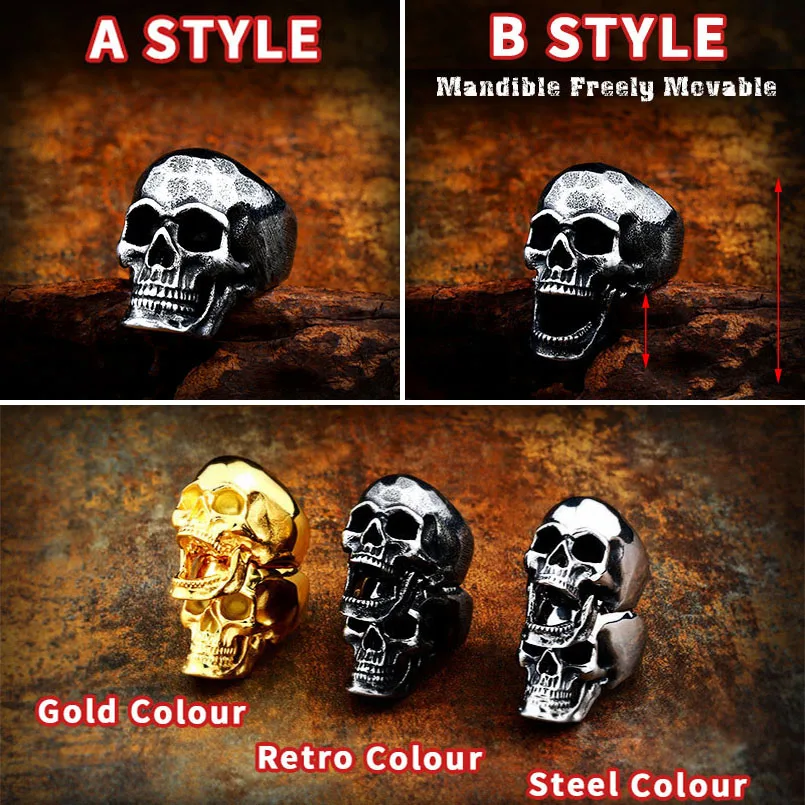 Beier Stainless steel punk Gold Color  skull soul leader can be moved three style Ring men Party fashion Retro jewelry BR8-592