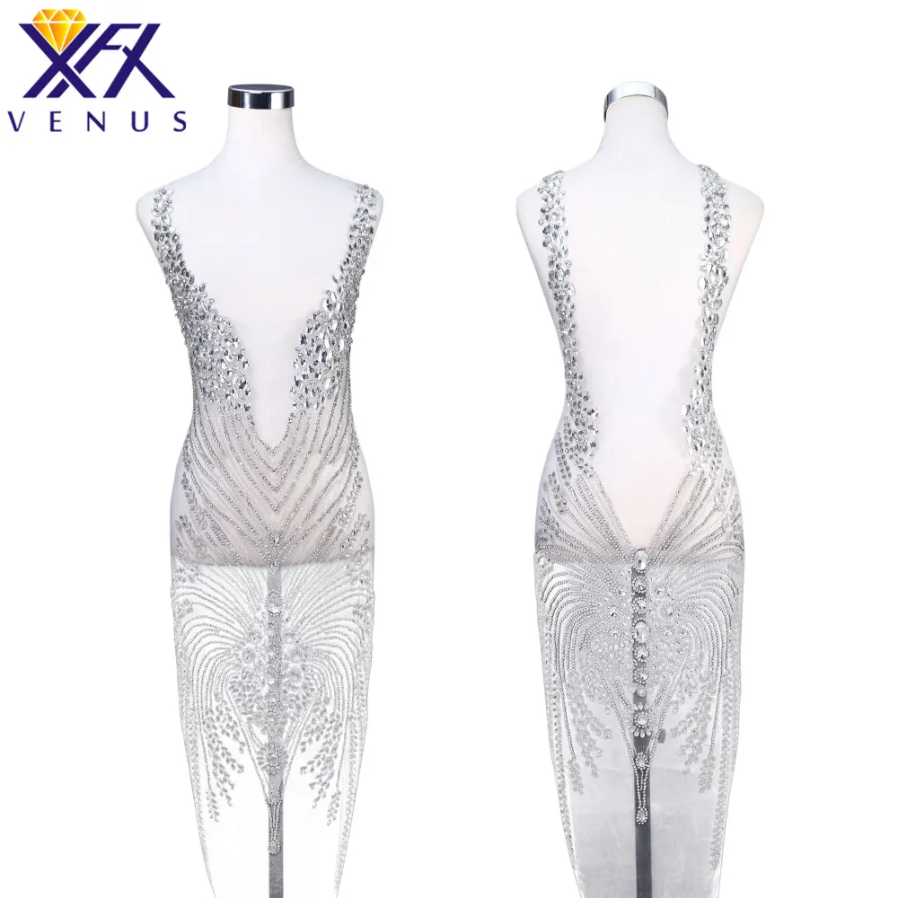 XFX VENUS 1 Set Handmade Crystal Wedding Long Patches Rhinestone Beaded Appliqued Patch Fabric Wedding Ball Gown Accessories