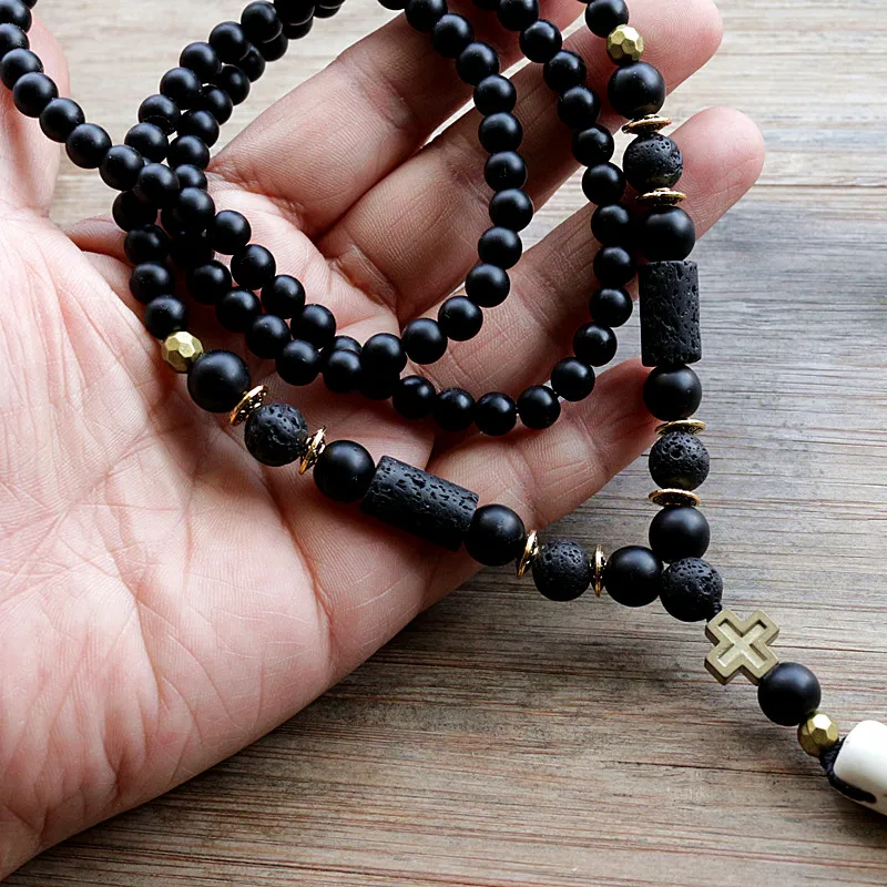 New Design Black BLava Stones Bead with Hematite cross charm pendant necklace Men\'s Bead Necklace