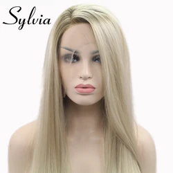 Sylvia Ombre blond Glueless koronki przodu peruki 2 Tone kolor brązowy korzenie boczna część długie proste żaroodporne syntetyczne womenHair