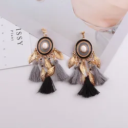 Bohemian Tassel Clip Earrings No Piercing for Women Wedding Party Acrylic Beads Statement Earrings Long Vintage Fringing Jewelry