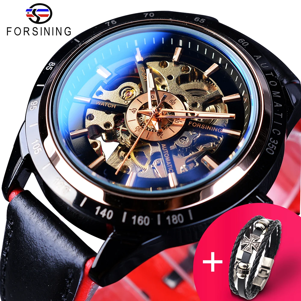 

Forsining Watch + Bracelet Set Combination Motorcycle Transparent Genuine Red Black Strap Skeleton Male Automatic Watches Clock