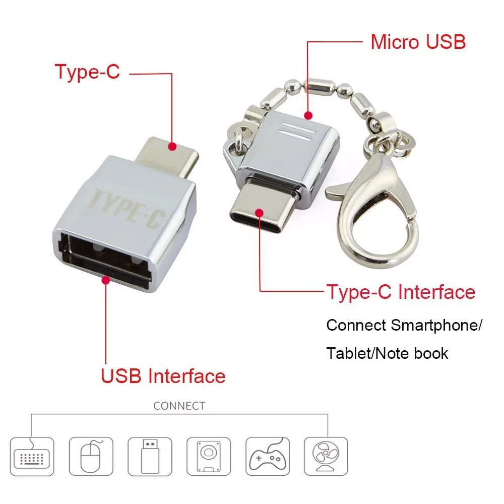 CHYI Mini USB to Type-C Adapter Converter Type C OTG to Micro USB Combo Metal Silver USB Hub For SmartPhone PC Computer MacBook