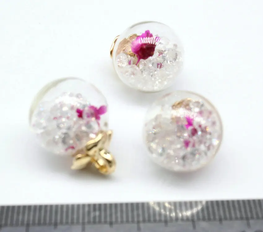 40pcs of Fuschia dried flower and rhinestone glass dome pendant- dried flowers transparent glass ball shaped 16mm