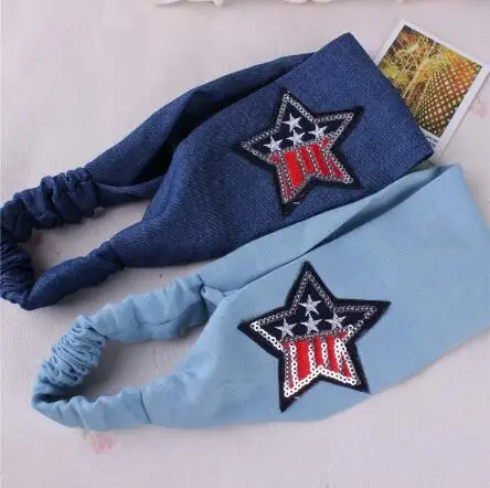 

2016 New Cute Fashion Girls Denim Hair Accessories Shiny Star Hairband Turban Knot Headband Headwrap Bandage