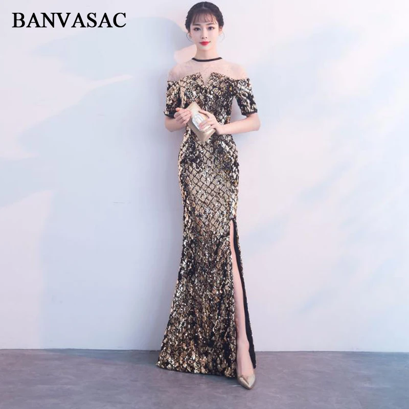 

BANVASAC 2018 Illusion Crystal O Neck Sequined Split Mermaid Long Evening Dresses Party Short Sleeve Prom Gowns